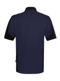 Dunkelblaues Herren Arbeits Poloshirt mit schwarzen Kontrasteinsätzen und Drei-Loch-Knopfleiste – strapazierfähig und pflegeleicht für Handwerk, Pflege und Gastronomie